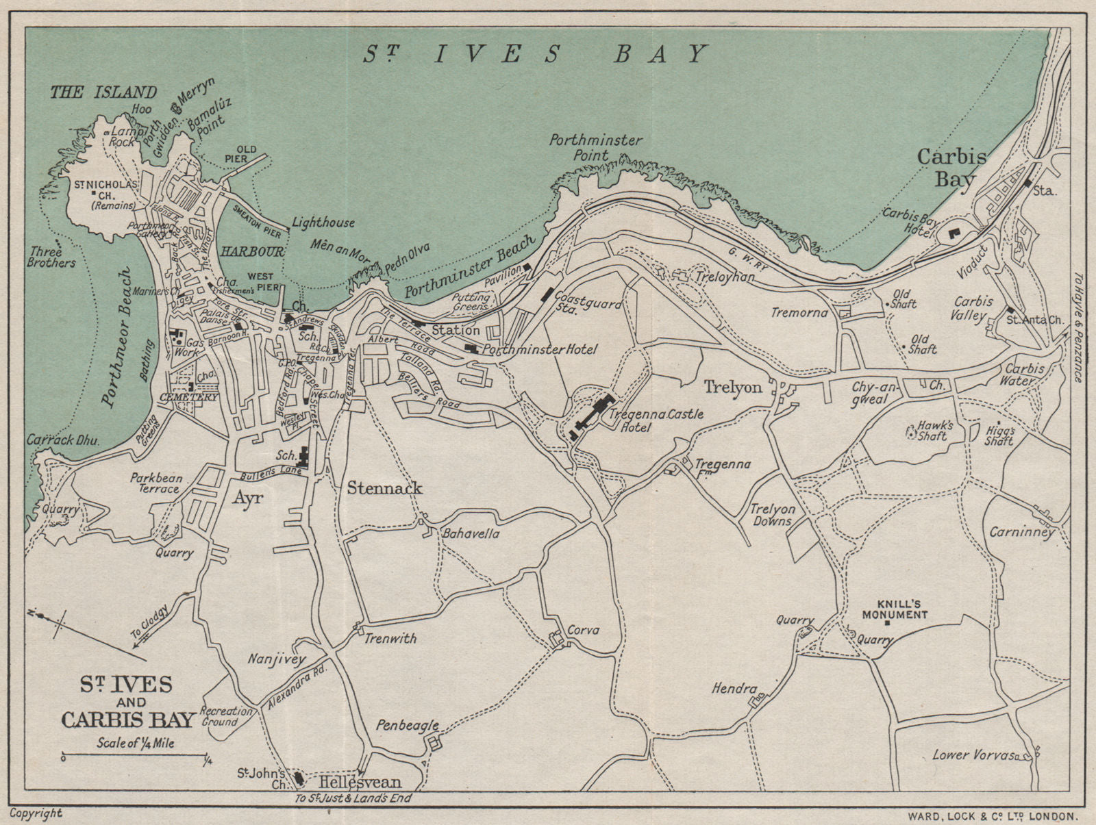 ST. IVES AND CARBIS BAY vintage town/city plan. Cornwall. WARD LOCK 1934 map